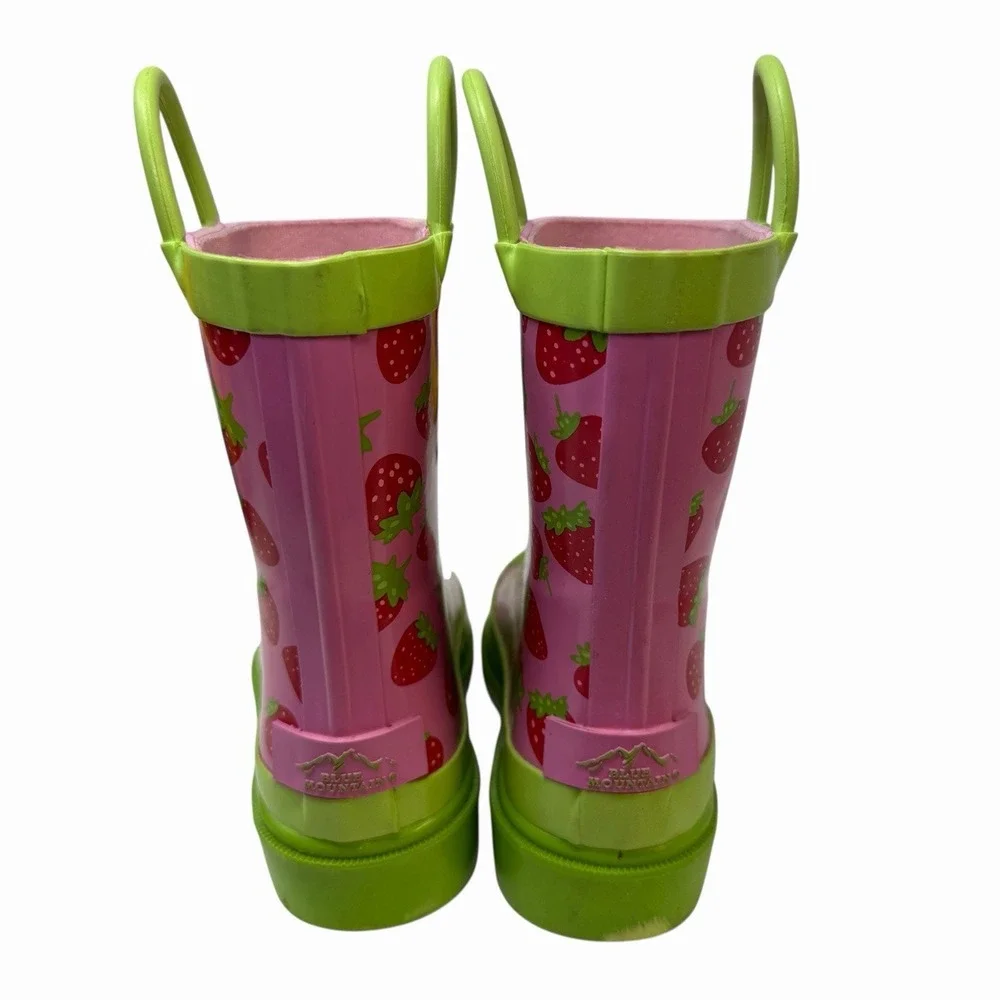 Blue Mountain Kids Strawberry Print Pink Lime Green Rubber Rain Boots BM230 13/1